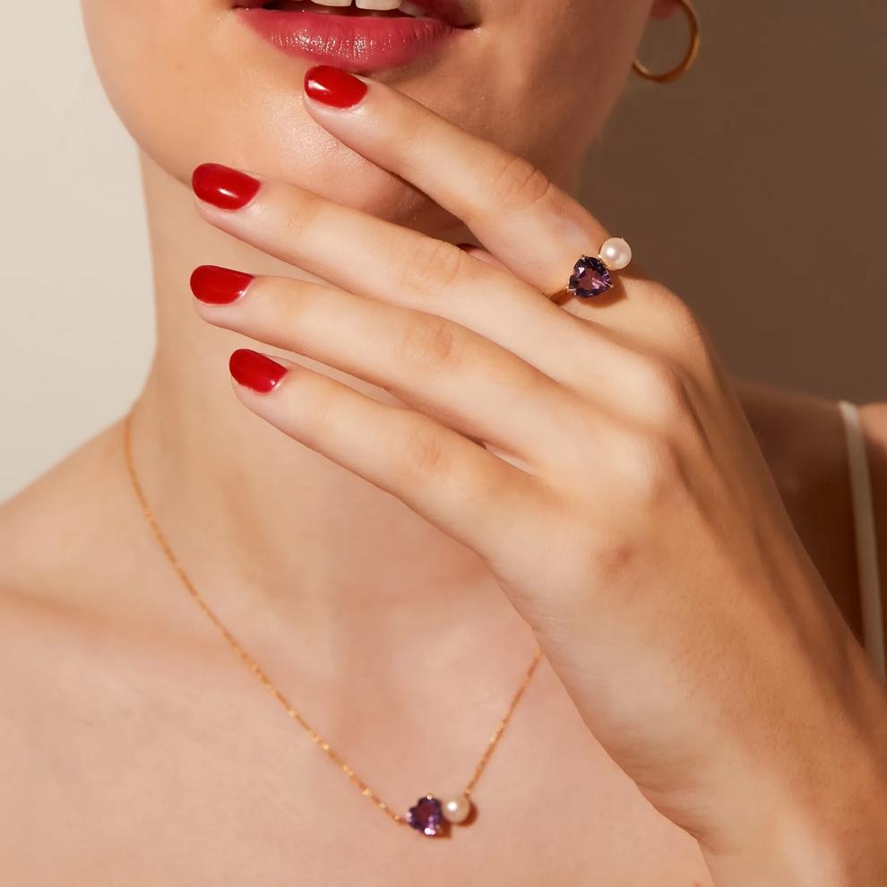 Rose de France and Freshwater Button Pearl Toi et Moi Ring in Vermeil – Image 6 of 7