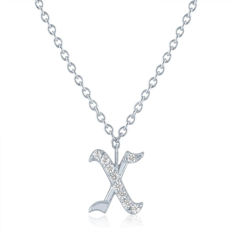 Diamond Accent Gothic Script X Initial Pendant in Sterling Silver  – Image 1 of 3