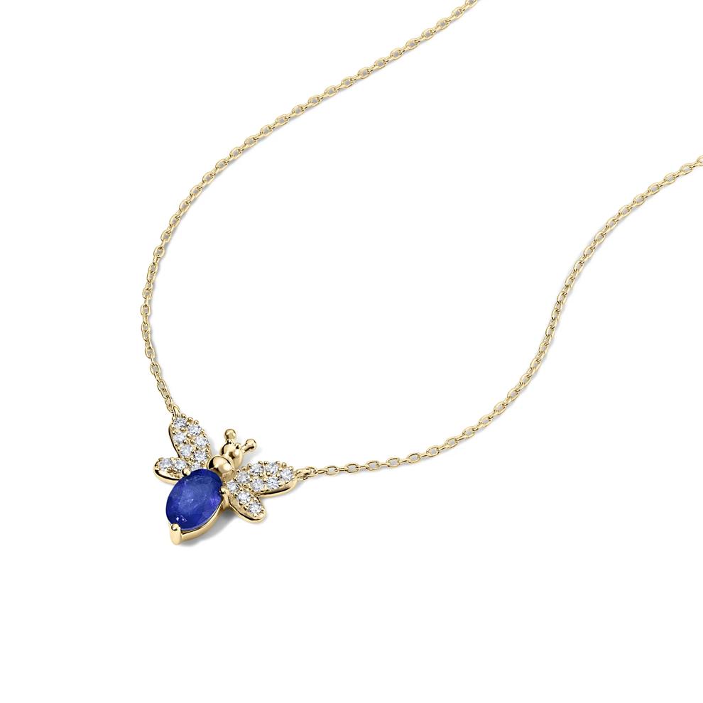 Blue Sapphire &amp; Diamond Bumblebee Pendant Necklace in 10K Yellow Gold (1/8 ct. tw.) – Image 4 of 4
