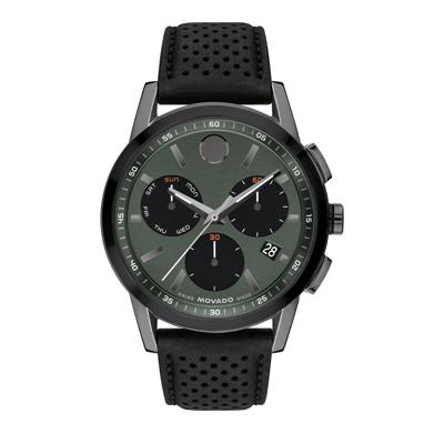 Men's Museum Sport Watch in Black Stainless Steel and Black Leather, 43MM