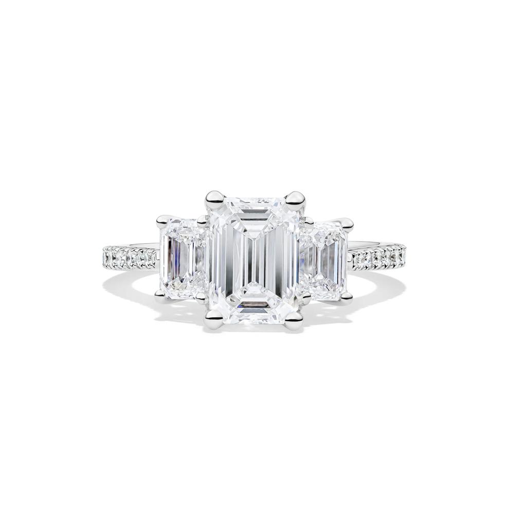 Lab Grown Diamond Emerald-Cut Three-Stone Engagement Ring in 14K White Gold (3 1/4 ct. tw.) – Image 1 of 3
