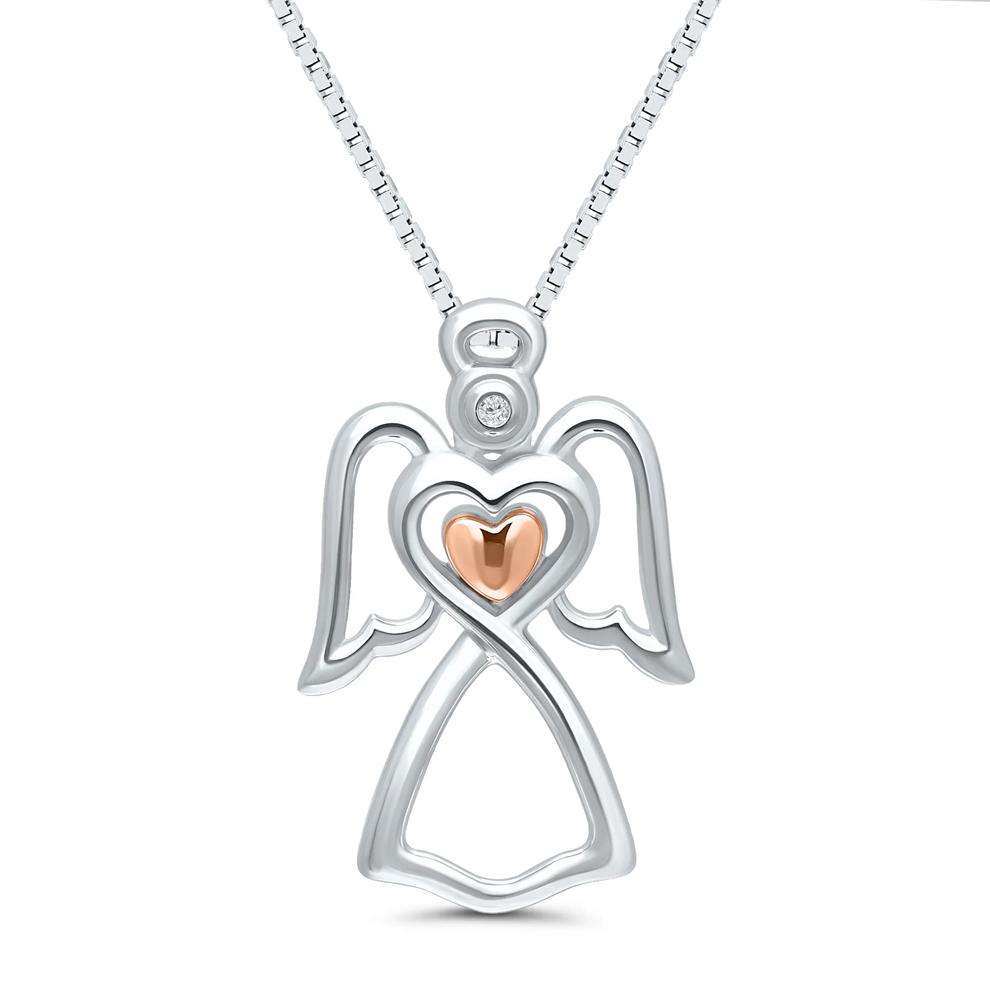 Diamond Accent Angel Pendant in Sterling Silver and 14K Rose Gold – Image 1 of 4
