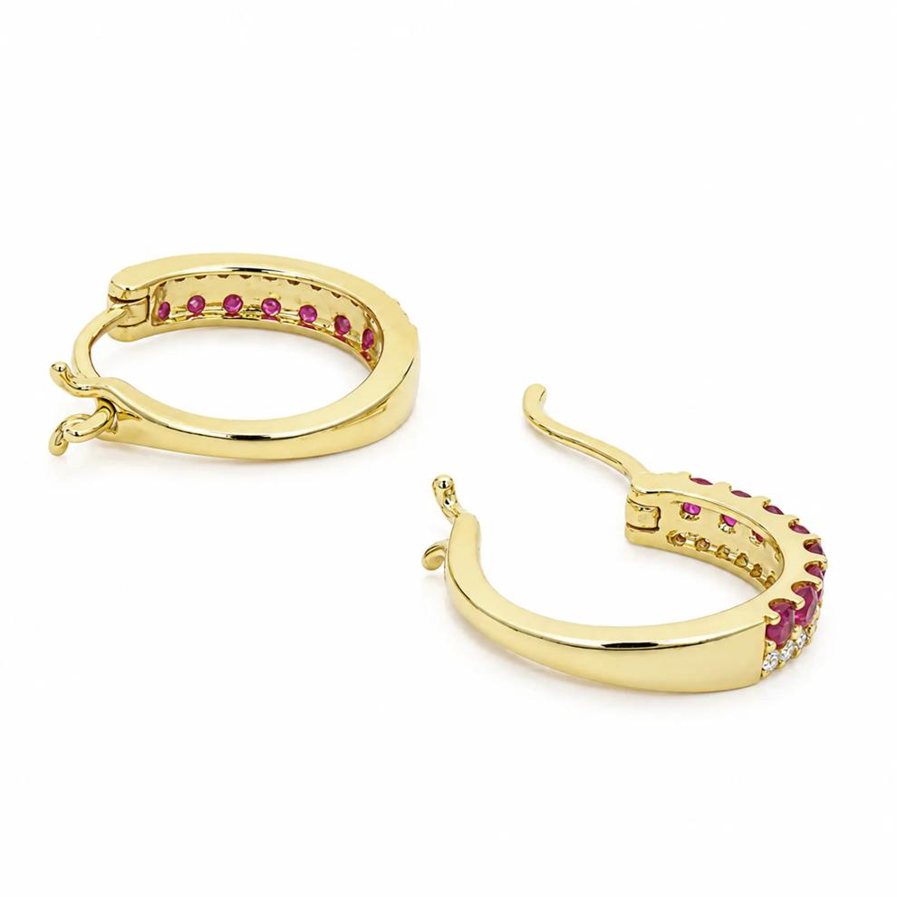 Ruby &amp; Diamond Hoop Earrings in 10K Yellow Gold (1/8 ct. tw.) – Image 2 of 2