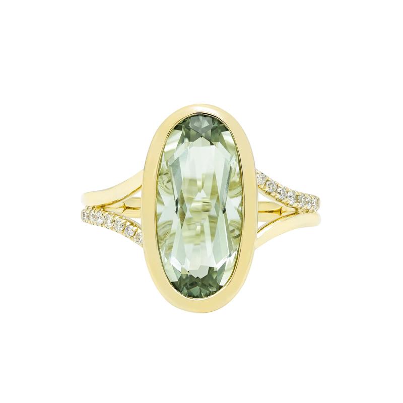 Green Amethyst and Diamond Bezel Ring in 10K Yellow Gold &#40;1/10 ct. tw.&#41; – Image 1 of 3