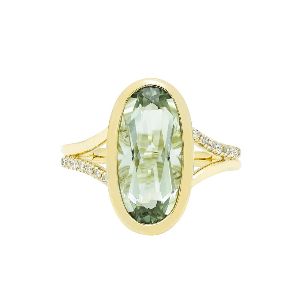 Green Amethyst and Diamond Bezel Ring in 10K Yellow Gold (1/10 ct. tw.) – Image 1 of 3