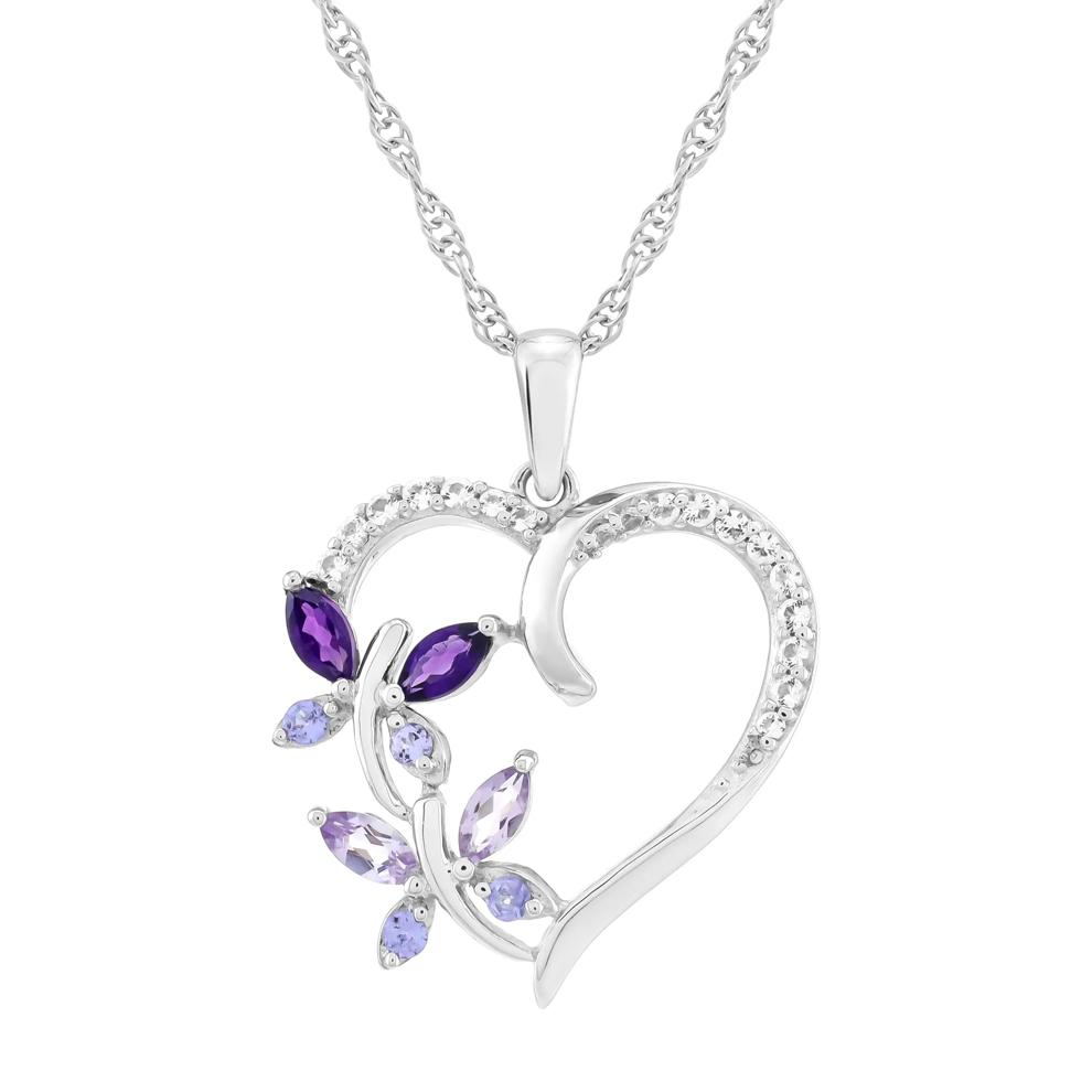 Lab-Created Purple &amp; Pink Amethyst, Tanzanite, Lab-Created White Sapphire Heart &amp; Butterfly Pendant Necklace in Sterling Silver – Image 1 of 3