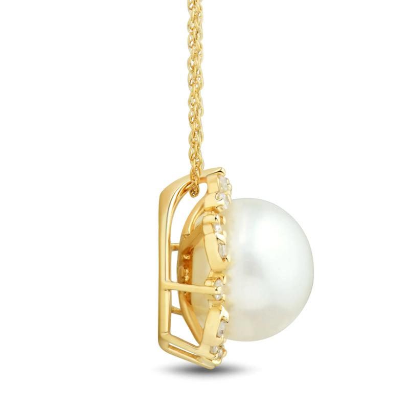 Button Freshwater Cultured Pearl and Diamond Pendant in 10K Yellow Gold &#40;1/10 ct. tw.&#41; – Image 2 of 3