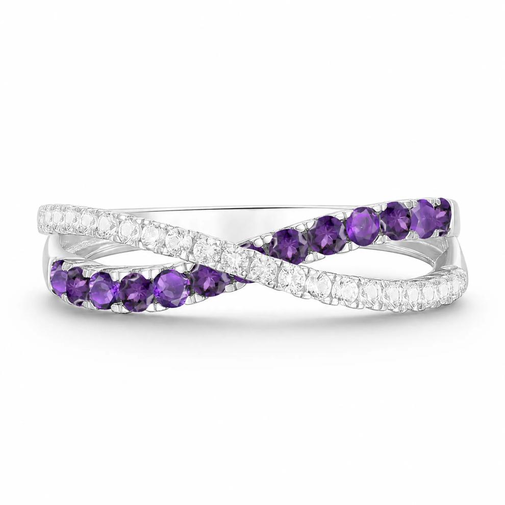 Amethyst &amp; Diamond Crossover Ring in 10K White Gold (1/5 ct. tw.) – Image 1 of 4