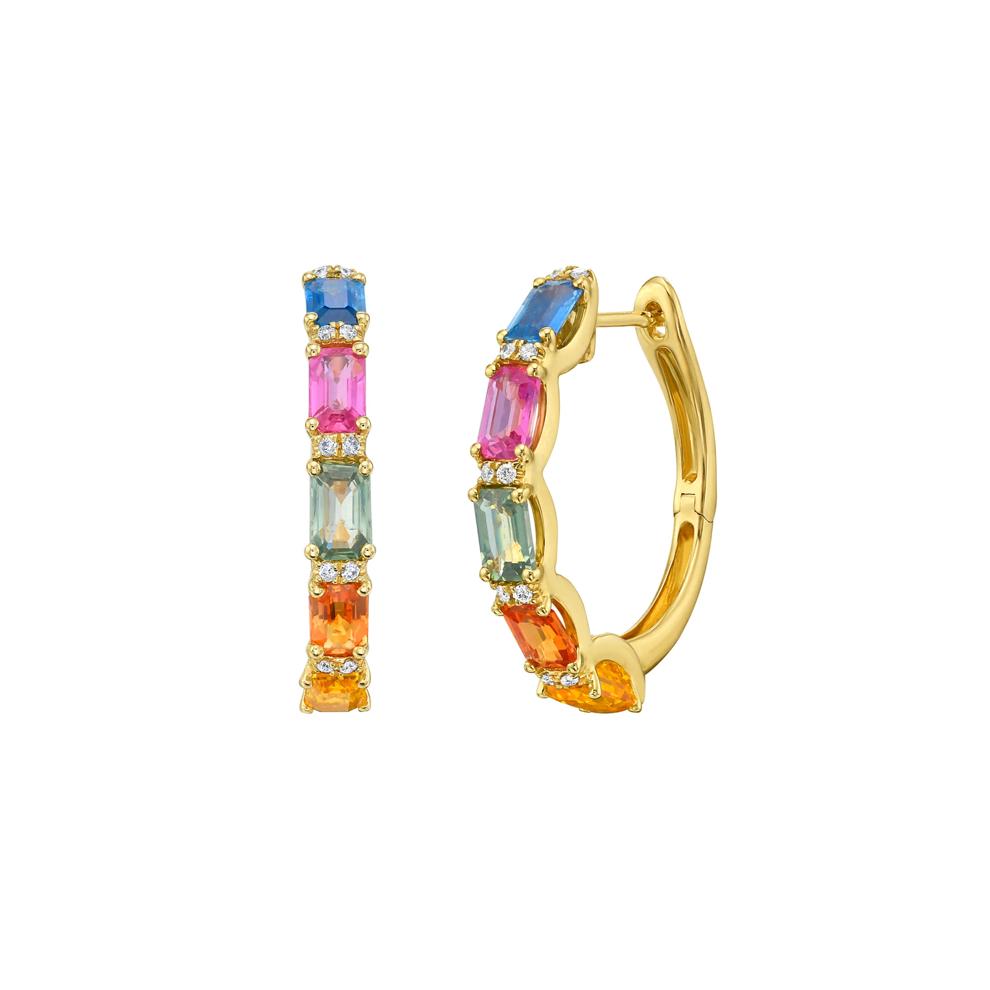 Multi-Sapphire and Diamond Hoops in 10K Yellow Gold (1/8 ct. tw.) – Image 1 of 2