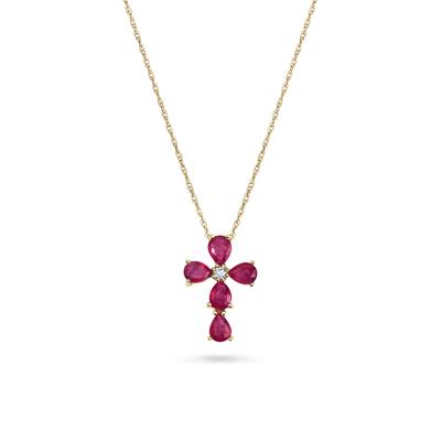 Ruby & Diamond Accent Cross Pendant Necklace in 10K Yellow Gold