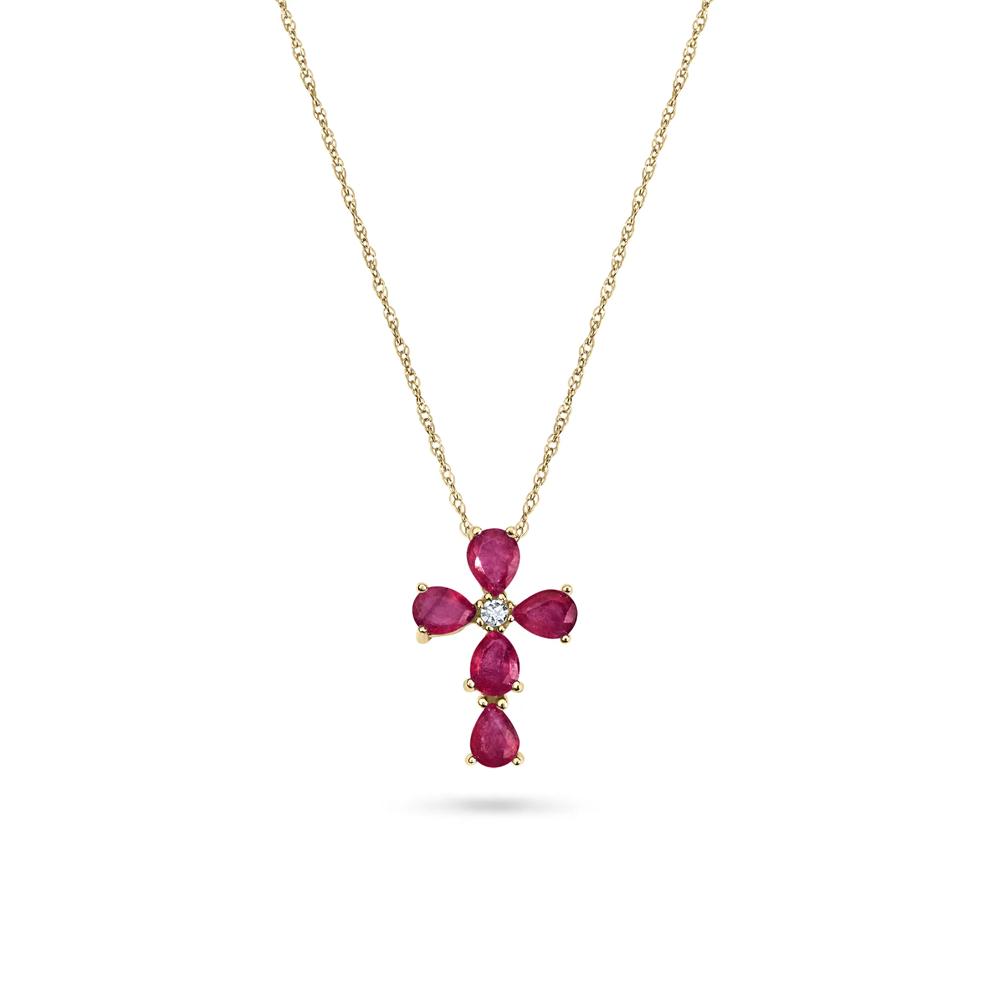 Ruby &amp; Diamond Accent Cross Pendant Necklace in 10K Yellow Gold – Image 1 of 4