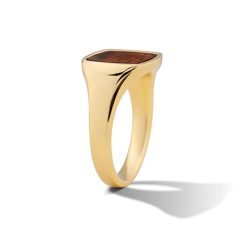 Men's Thin-Style Band with Desert Iron Wood Inlay Signet Ring in 10K Yellow Gold – Image 3 of 4