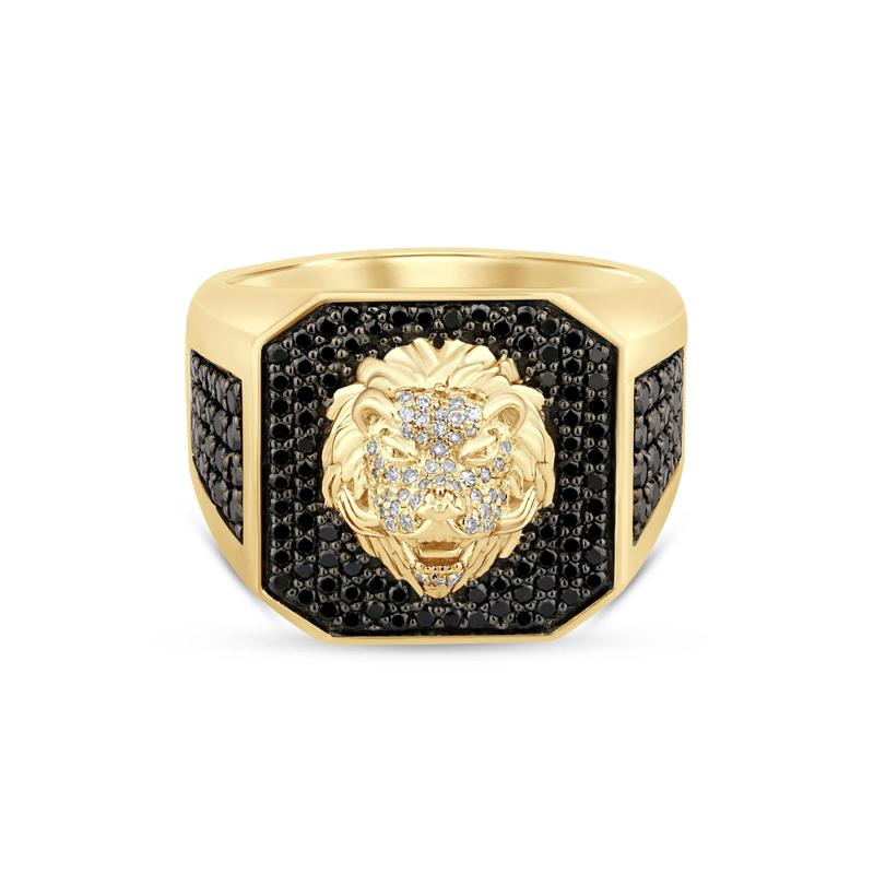 Men&rsquo;s 10K Yellow Gold Lion Head Ring with Black and White Diamonds &#40;1 1/4 ct. tw.&#41; – Image 1 of 3