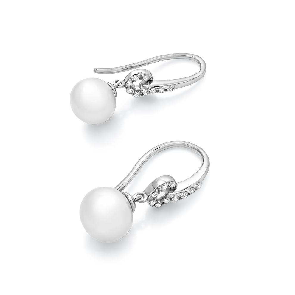 Freshwater Cultured Pearl &amp; Diamond Drop Earrings in 10K White Gold (1/10 ct. tw.) – Image 2 of 2