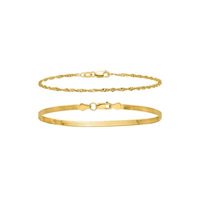 Singapore Chain and Silky Herringbone Chain Bracelet Box Set in 10K Yellow Gold, 7"