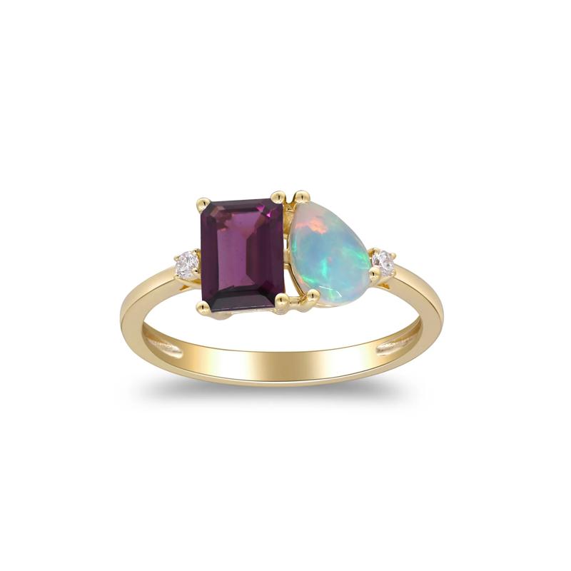 Opal, Rhodolite and Diamond Accent Toi et Moi Ring in 10K Yellow Gold – Image 4 of 5