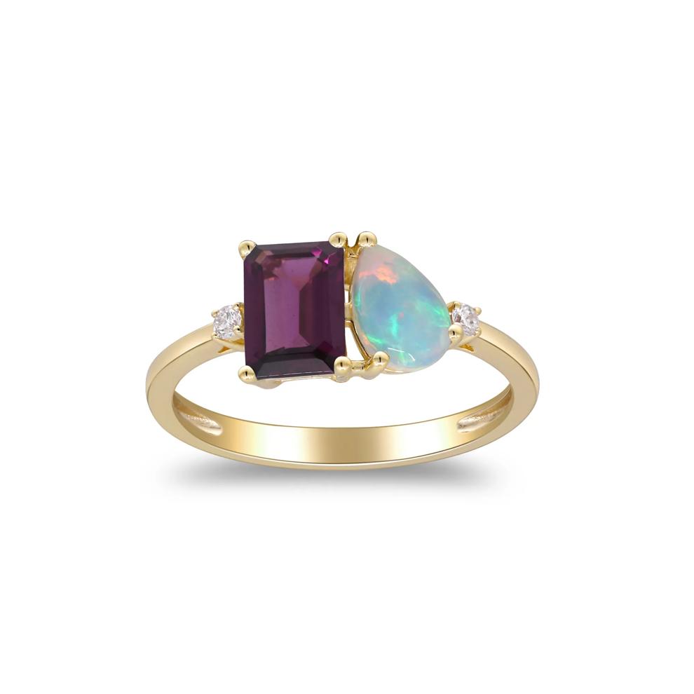 Opal, Rhodolite and Diamond Accent Toi et Moi Ring in 10K Yellow Gold – Image 4 of 5