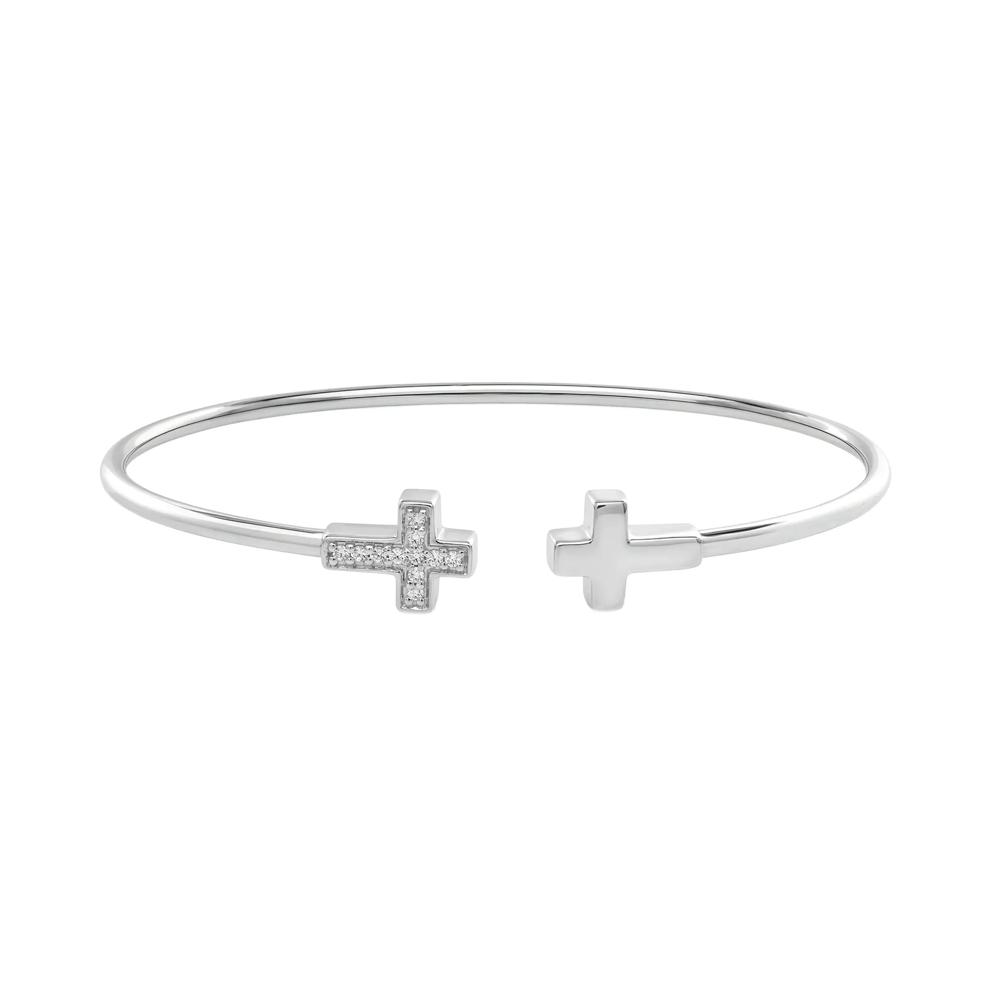 Diamond Accent Double Cross Open Cuff Bangle Bracelet in Sterling Silver – Image 1 of 2