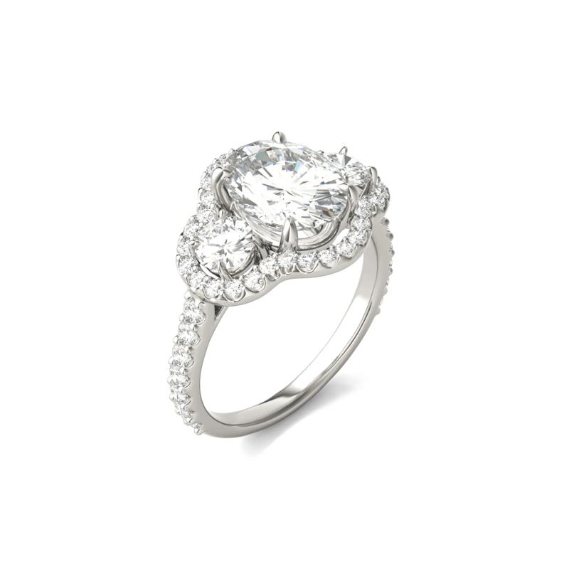 Oval Moissanite Three-Stone Ring with Halo in 14K White Gold – Image 5 of 5