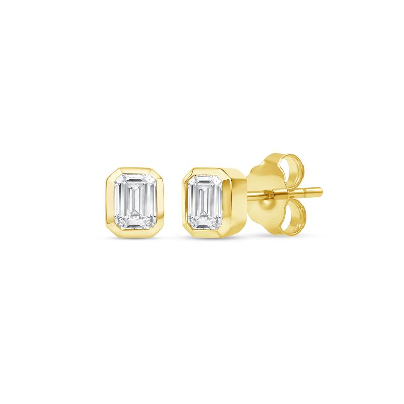 Lab Grown Diamond Emerald-Cut Bezel-Set Solitaire Stud Earrings in 14K Yellow Gold &#40;1/4 ct. tw.&#41; – Image 1 of 3