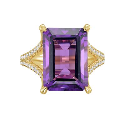 Octagonal Amethyst & Round Diamond Ring in 14K Yellow Gold (1/4 ct. tw.)