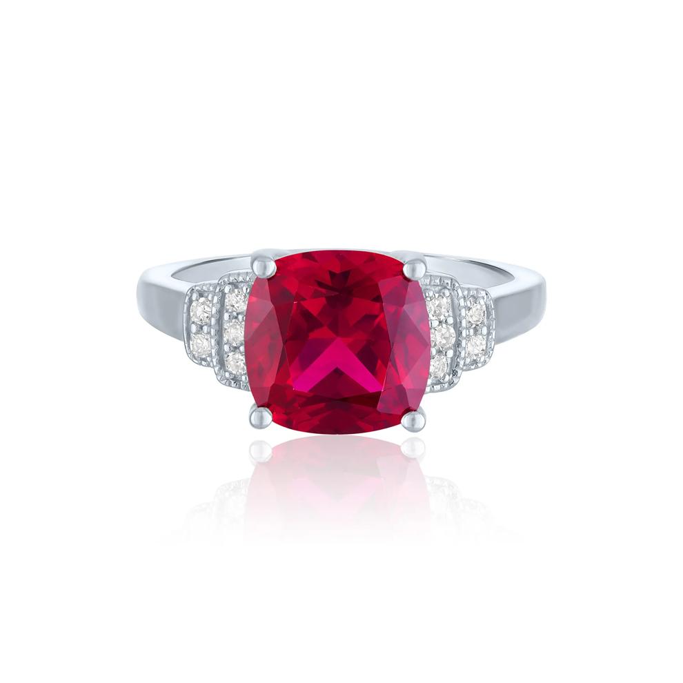 Cushion-Cut Lab-Created Ruby &amp; Diamond Ring in Sterling Silver (1/10 ct. tw.) – Image 1 of 3