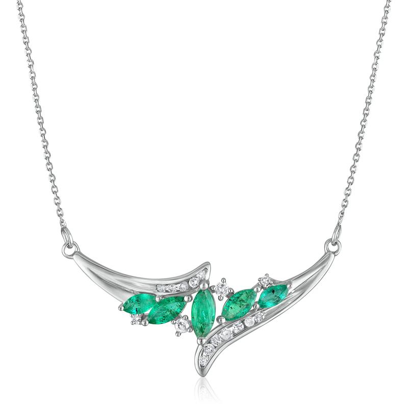 Diamond and Marquise Emerald Necklace in 14K White Gold &#40;1/7 ct. tw&#41; – Image 1 of 3