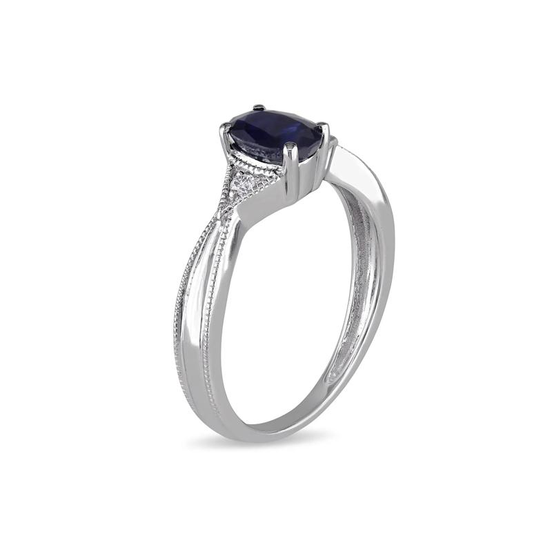 Oval Blue Sapphire &amp; Diamond Ring with Milgrain Detail in 14K White Gold – Image 2 of 4