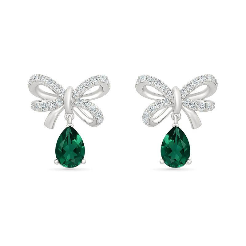 Lab-Created Emerald &amp; Lab-Created White Sapphire Bow Drop Earrings in Sterling Silver – Image 2 of 3