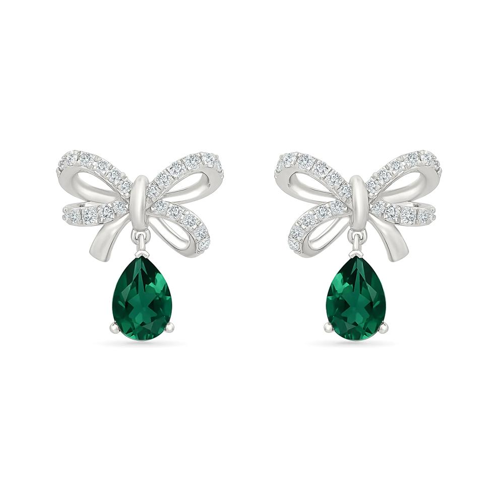 Lab-Created Emerald &amp; Lab-Created White Sapphire Bow Drop Earrings in Sterling Silver – Image 2 of 3