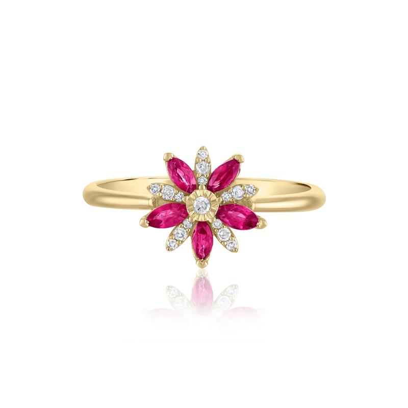 Ruby and Diamond Accent Floral Ring in 10K Yellow Gold – Image 1 of 3
