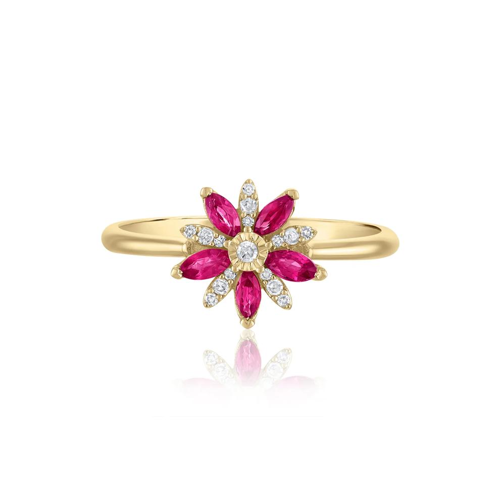 Ruby and Diamond Accent Floral Ring in 10K Yellow Gold – Image 1 of 3