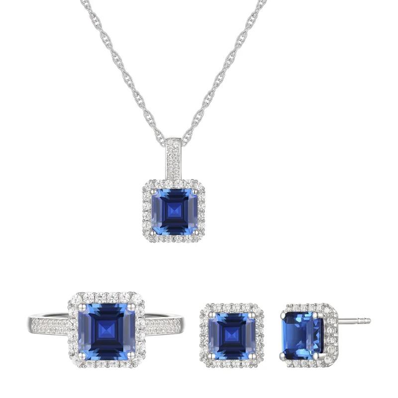 Lab Created Ceylon Sapphire Earrings, Pendant and Ring Set in Sterling Silver – Image 1 of 8