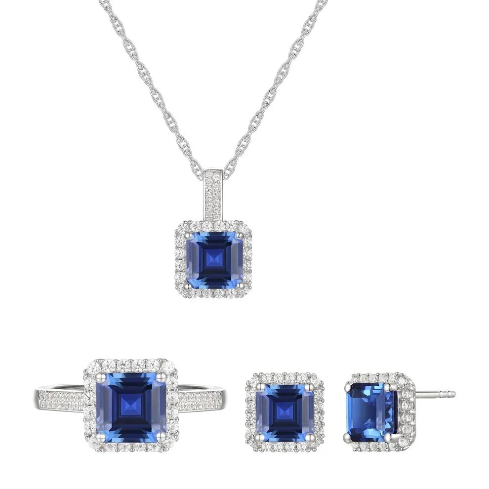 Lab Created Ceylon Sapphire Earrings, Pendant and Ring Set in Sterling Silver – Image 1 of 8