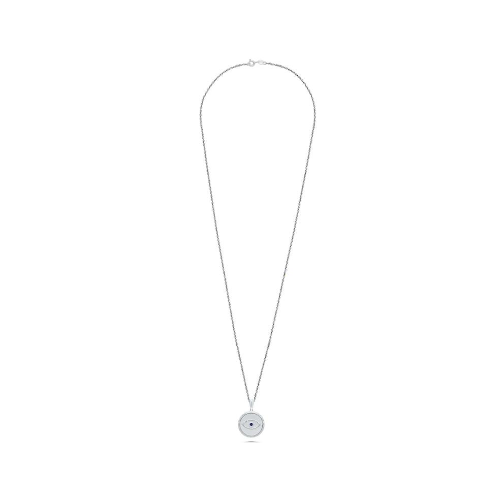 Men's Blue Sapphire Evil Eye Medallion Pendant Necklace in Sterling Silver – Image 3 of 4