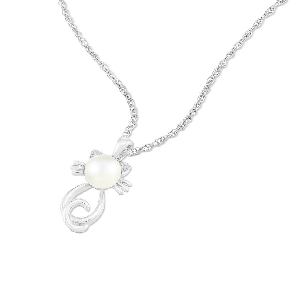 Freshwater Cultured Pearl &amp; Lab-Created White Sapphire Cat Pendant Necklace in Sterling Silver – Image 4 of 4