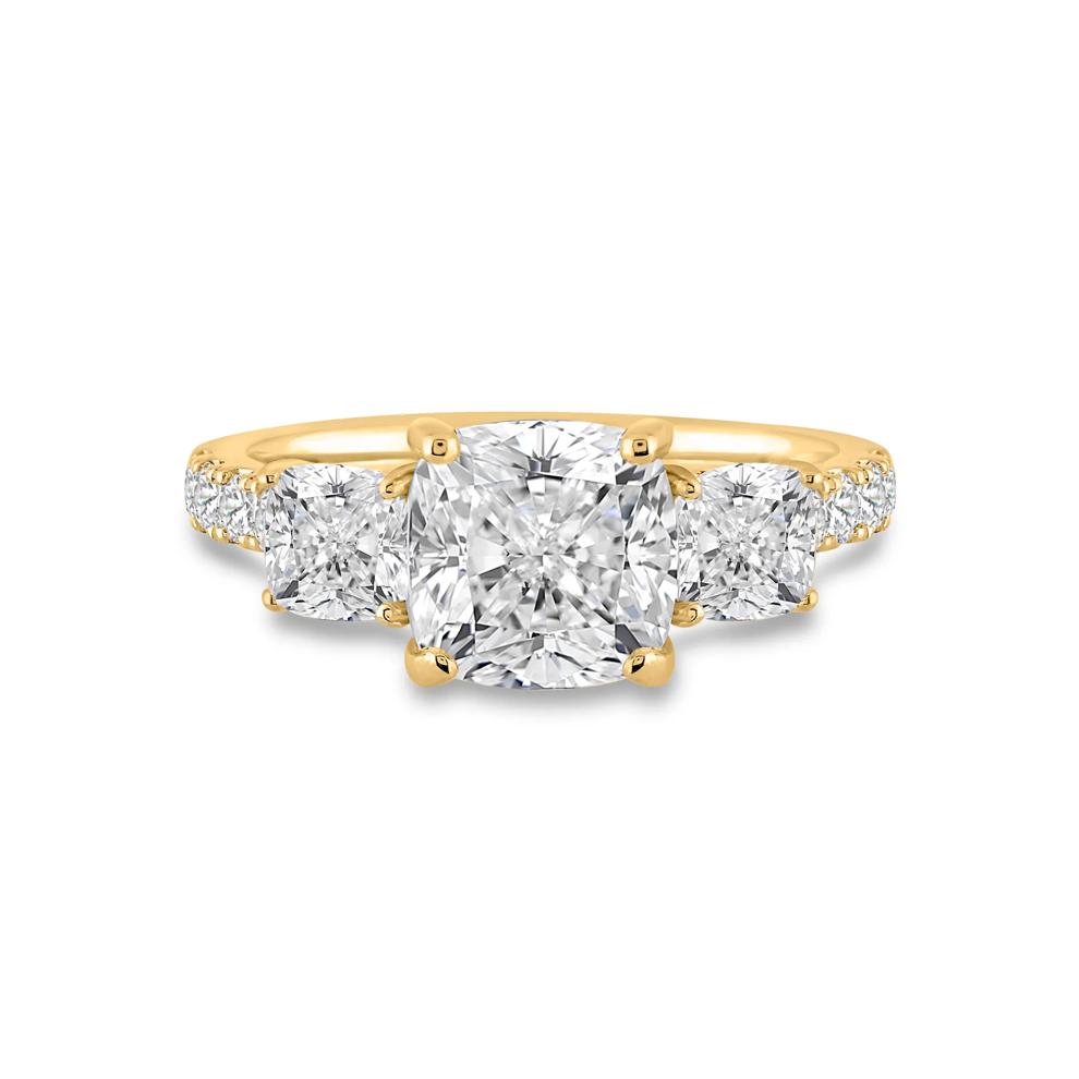 Lab Grown Diamond Cushion Center Three-Stone Engagement Ring in 14K Yellow Gold (4 ct. tw.) – Image 1 of 4