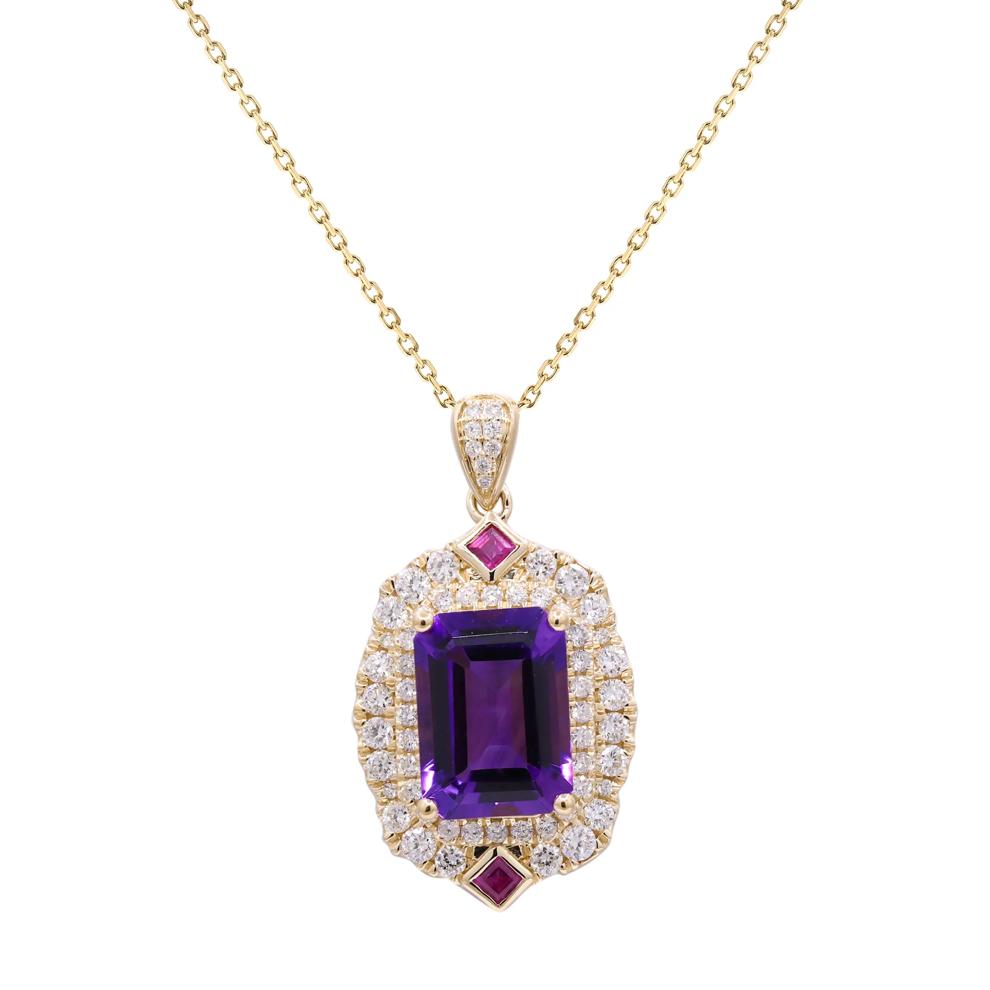 Amethyst, Ruby &amp; Diamond Halo Pendant Necklace in 14K Yellow Gold (3/4 ct. tw.) – Image 1 of 3