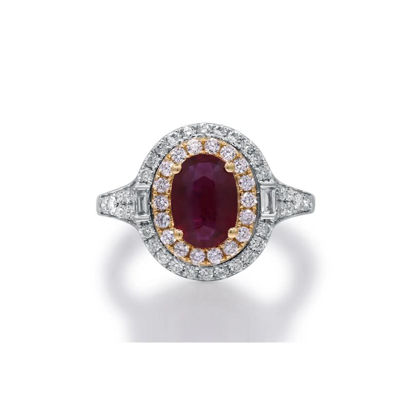 Ruby and Diamond Double Halo Ring in 14K White and Yellow Gold &#40;5/8 ct. tw.&#41; – Image 1 of 5