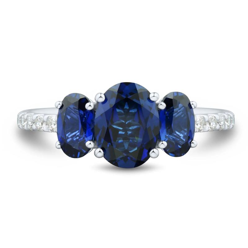 Lab-Created Blue Sapphire and Lab Grown Diamond Three-Stone Ring in 10K White Gold &#40;1/5 ct. tw.&#41; – Image 1 of 3