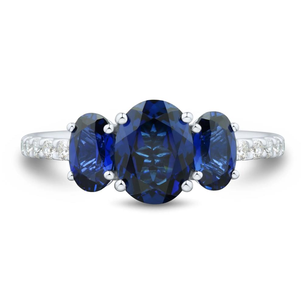 Lab-Created Blue Sapphire and Lab Grown Diamond Three-Stone Ring in 10K White Gold (1/5 ct. tw.) – Image 1 of 3