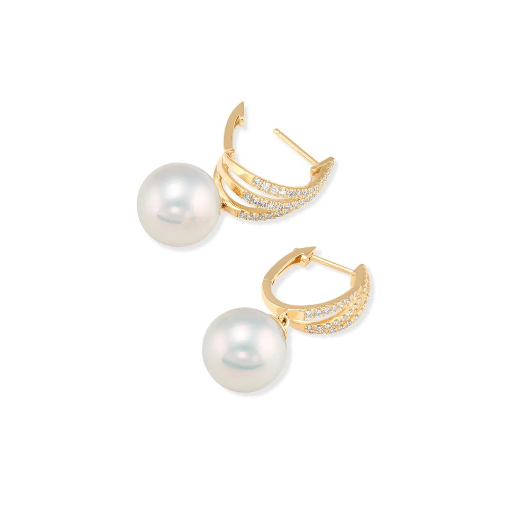 Freshwater Cultured Pearl &amp; Diamond Drop Earrings in 14K Yellow Gold (1/3 ct. tw.) – Image 2 of 2