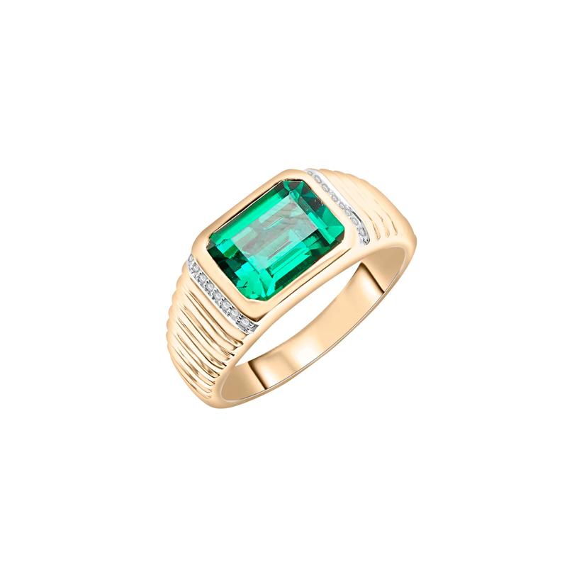 Men&#39;s Lab-Created Emerald and Diamond Accent Ring in 10K Yellow Gold – Image 5 of 5