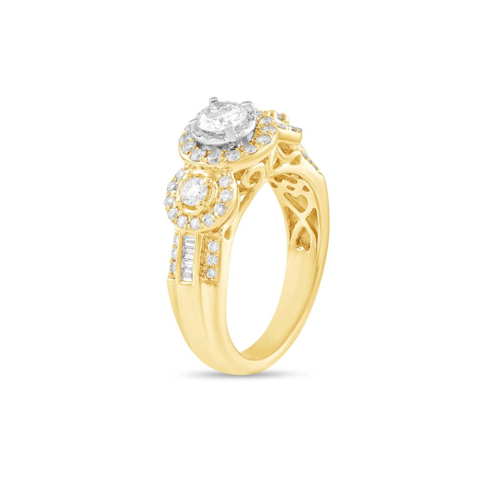 Diamond Round Halo Three-Stone Ring in 14K Yellow &amp; White Gold (1 ct. tw.) – Image 4 of 4