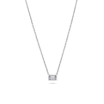 Lab Grown Diamond Baguette Halo Pendant Necklace in 14K White Gold (1/2 ct. tw.)