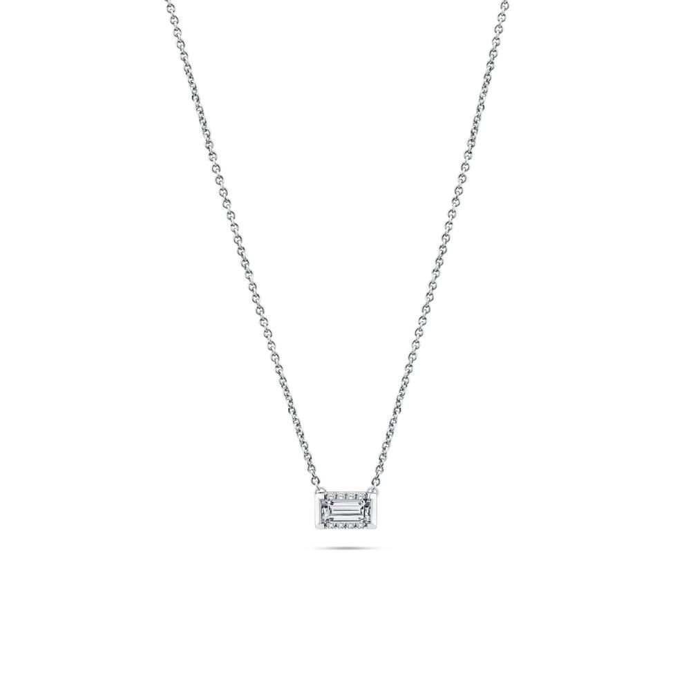 Lab Grown Diamond Baguette Halo Pendant Necklace in 14K White Gold (1/2 ct. tw.) – Image 1 of 4
