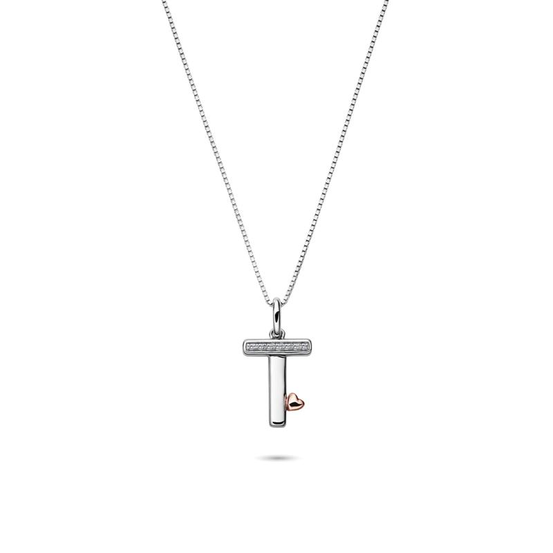 Diamond Accent Initial T Pendant in Sterling Silver and 14K Rose Gold – Image 1 of 3