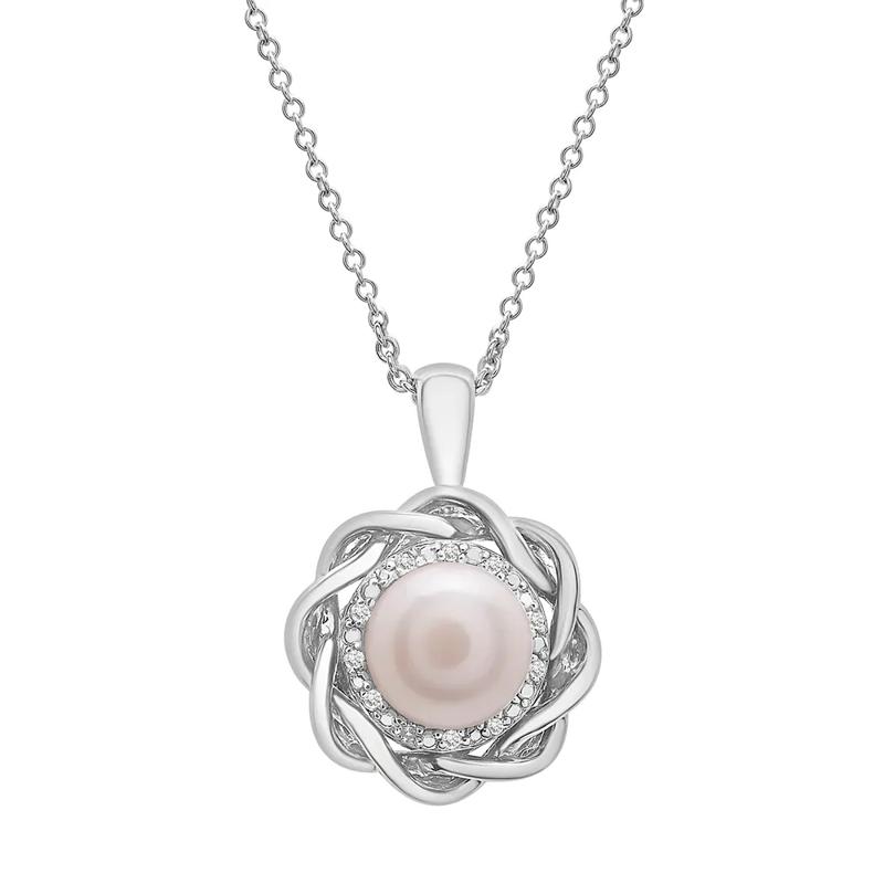 Pearl &amp; Diamond Accent Twist Pendant in Sterling Silver – Image 1 of 4