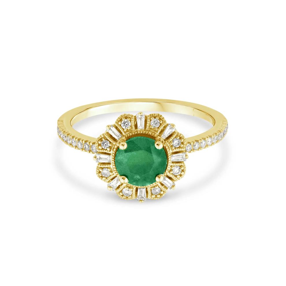 Emerald and Diamond Vintage Halo Ring in 10K Yellow Gold (1/4 ct. tw.) – Image 1 of 3