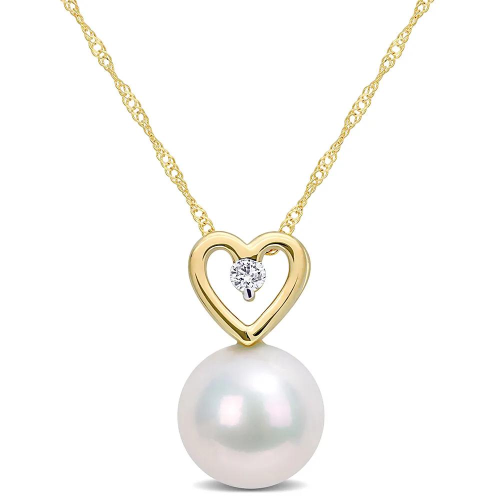 Single Pearl Necklace with Heart & Diamond Accent